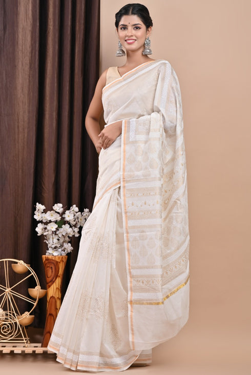 Designer Khadi Gold Print Chanderi Silk Saree (CHSAR11)